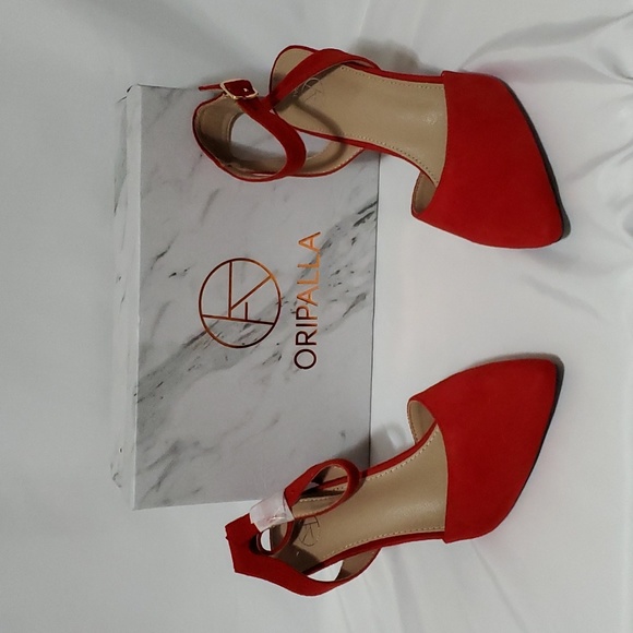 ORIPLALLA Heels for Women Dress Shoes Low Heel Ankle Strap Slingback D'Orsay Red - Picture 7 of 13